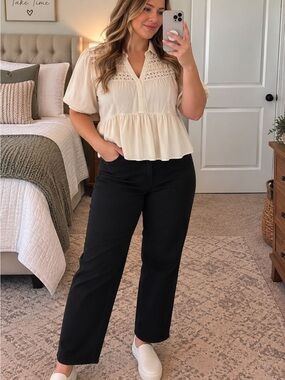 Women's Cream Lace-Trim Peplum Blouse
